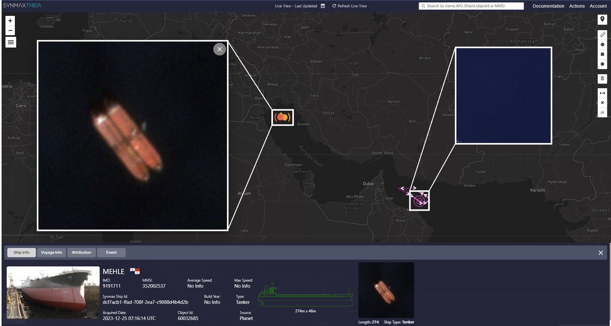 The MEHLE, an uninsured Panama-flagged #oiltanker, detected spoofing in the #GulfofOman while transferring oil in the #PersianGulf.

Such vessels risk #environmental harm, especially during illicit #shiptoship transfers.

Theia aids #duediligence and #sanctions enforcement.

#mda