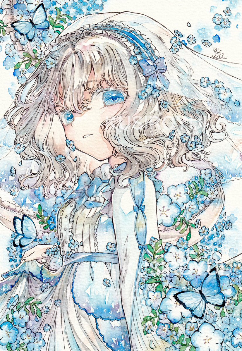 1girl bug solo blue eyes butterfly flower dress  illustration images