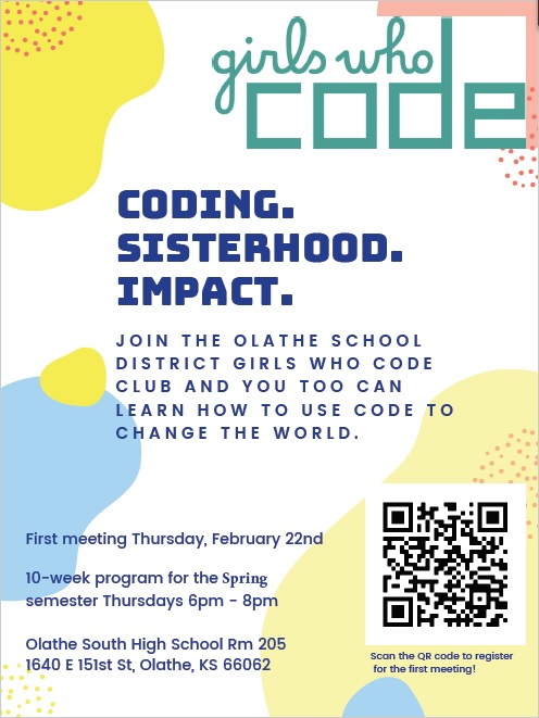 21stCompSciAcademy (@olathecompsci) on Twitter photo The Computer Science Academy <a href="/OlatheCompSci/">21stCompSciAcademy</a> is sponsoring another Girls Who Code Club for the Spring 2024 Semester, for Middle- and High-School students in the Olathe area. Use the QR code to register!
<a href="/Olathe21st/">21stCenturyAcademies</a> @OlatheCTE <a href="/OlatheSouthHS/">Olathe South HS</a> The Computer Science Academy <a href="/OlatheCompSci/">21stCompSciAcademy</a> is sponsoring another Girls Who Code Club for the Spring 2024 Semester, for Middle- and High-School students in the Olathe area. Use the QR code to register!
<a href="/Olathe21st/">21stCenturyAcademies</a> @OlatheCTE <a href="/OlatheSouthHS/">Olathe South HS</a>