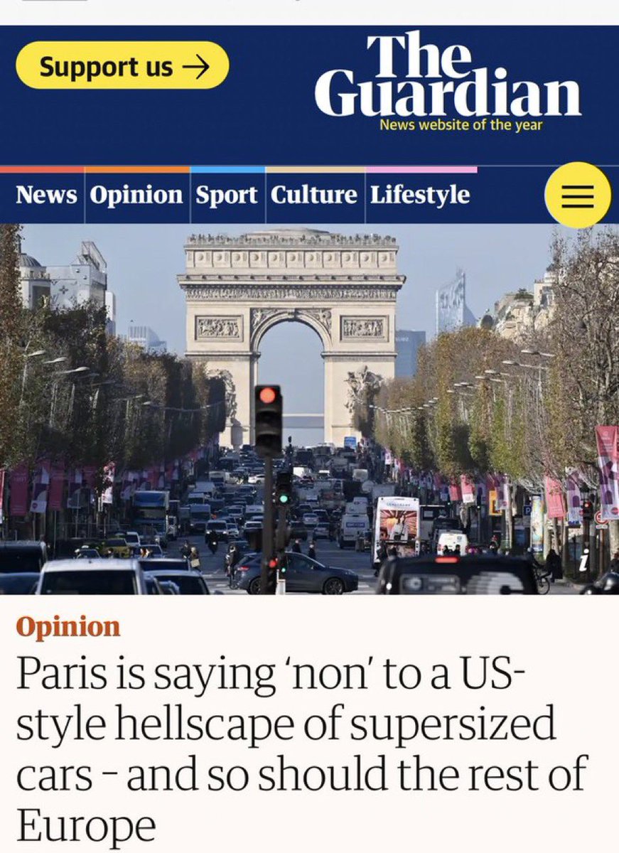 Brent Toderian (@brenttoderian) on Twitter photo “The mayor of Paris, <a href="/Anne_Hidalgo/">Anne Hidalgo</a>, has now proposed tripling parking rates for SUVs in central Paris to €18 an hour, and €12/hour for the rest of the city. The measure…would affect roughly 10% of the cars in the city.”
Cybertruck isn’t allowed at all.
theguardian.com/commentisfree/… “The mayor of Paris, <a href="/Anne_Hidalgo/">Anne Hidalgo</a>, has now proposed tripling parking rates for SUVs in central Paris to €18 an hour, and €12/hour for the rest of the city. The measure…would affect roughly 10% of the cars in the city.”
Cybertruck isn’t allowed at all.
theguardian.com/commentisfree/…