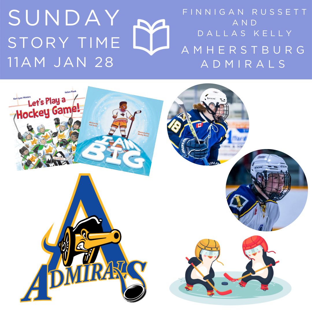 It’s hockey season, and we are overjoyed to have TWO players from the Amherstburg Admirals reading for us this Sunday! On January 28th at 11am, #18 Finnigan Russett and #16 Dallas Kelly will visit our ‘home ice’ and share hockey stories as special as the Stanley Cup! #hockey