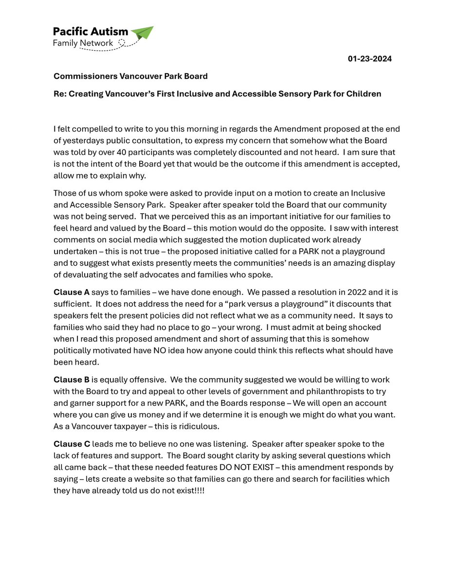 sergiococchia's tweet photo. @TheParkBoard My letter in response to an amendment being considered by the board in regards Creating Vancouver’s First Inclusive and Accessible Sensory Park. @pacificautism @autismsupportbc @absolute_wendy https://t.co/GlokN2k6Kw