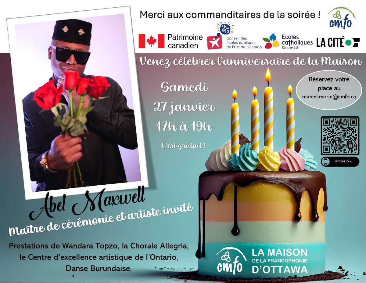 Rendez-vous Samedi 27 janvier à 17h pour célébration de l’anniversaire de la @CmfoMaison ! 🎉 ✅Réservations : marcel.morin@gmail.com 🎊Ne manquez pas cette belle fête 🤍 ———