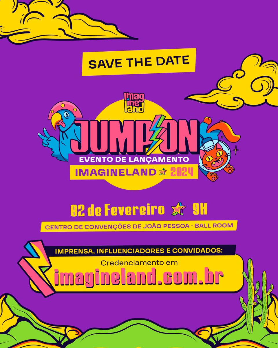 Imaginelandbr's tweet photo. Salva essa data: 02 de fevereiro, a partir de 09h, no Centro de Convenções de João Pessoa, tem o meu evento de lançamento: Jump On! 🚀

Com presença de Peter Jordan, vamos anunciar o mapa do Imagineland 2024, as marcas que estarão presente e mais convidados! 😱 https://t.co/3AJ8tl2wbU