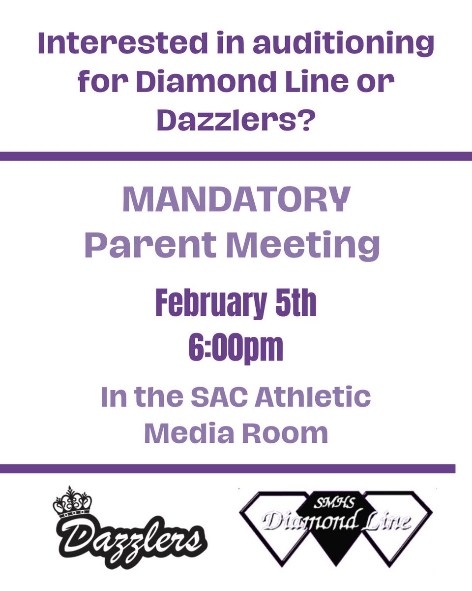 Interested in trying out for one of our Award Winning SMHS Dance Teams? Join us on February 5th at the Mandatory Parent Meeting to learn more information! Can’t wait to see you there!! 💜💜<a href="/SMCISDFineArts/">SMCISD Fine Arts</a> <a href="/SMHS_SMCISD/">San Marcos High School</a>