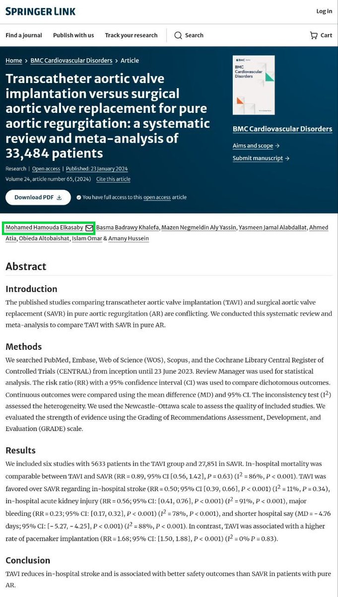 The largest-ever sample-sized study comparing #TAVI and surgery in pure AR. Our study is available online now in <a href="/BioMedCentral/">BMC</a>
#TAVI is associated with reduced postoperative #stroke than surgery in pure #AR.
Link: rb.gy/pga1h4
#CardioTwitter