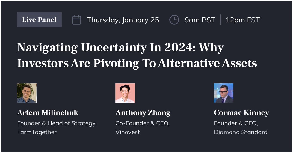 Join @artem_milinchuk, Vinovest's @anthony_j_zhang & Diamond Standard's @CormacKinney this Thursday at 9am PT/12pm ET, as they discuss three emerging alternative assets amidst uncertainty in 2024: farmland, diamonds, and whiskey. Secure your spot: meeting.zoho.com/meeting/regist…