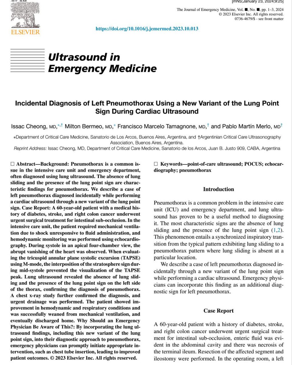 Incidental Diagnosis of Left Pneumothorax Using a New Variant of the Lung Point Sign during Cardiac Ultrasound The Journal of Emergency Medicine DOI: 10.1016/j.jemermed.2023.10.013 50 days' free access linK: authors.elsevier.com/a/1iTp62dT1Cy6… @panchopocus @pablommerlomd @asaruc1 #POCUS