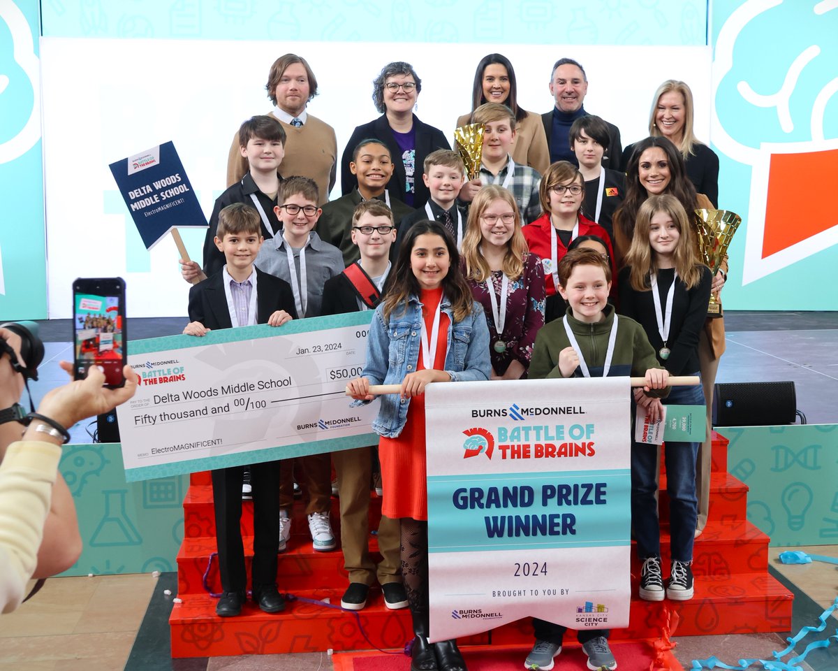 BSSDnews's tweet photo. 740 entries and 6,800 participating students, with only one @BurnsMacSTEM Battle of the Brains Grand Prize winner earning $50,000 for their school and the opportunity to bring their exhibit to life.

Congratulations to @DwmsGators for their Grand Prize entry, ElectroMAGNIFICENT! The team of 14 sixth graders led by Annalisa Stonner and Brendon Riggs heard the great news live during the Burns & McDonnell Battle of the Brains award ceremony today at @UnionStationKC.

The incredible journey has just begun for the ElectroMAGNIFCENT! team, who now have the unique opportunity to partner with STEM professionals from Burns & McDonnell for the next year as they design and watch their ideas come to life at Science City.

**Shout out to BSSD’s other three top 20 finalists!
- Watt’s Light, A Bright Idea from @BSSDCME
- Super Science! also from @DwmsGators
- System of a Sound, from @bssjaguars

#WeAreBSSD #BOTBKC #BurnsMacSTEM