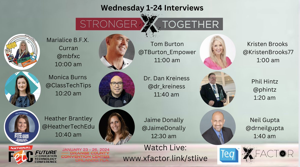 Excited for #strongertogether podcast live tomorrow at #FETC. Check out this powerhouse lineup. 

Watch live at xfactor.link/stlive 

@mbfxc @ClassTechTips @heathertechedu @tburton_empower @dr_kreiness @JaimeDonally @KristenBrooks77 @phintz @drneilgupta