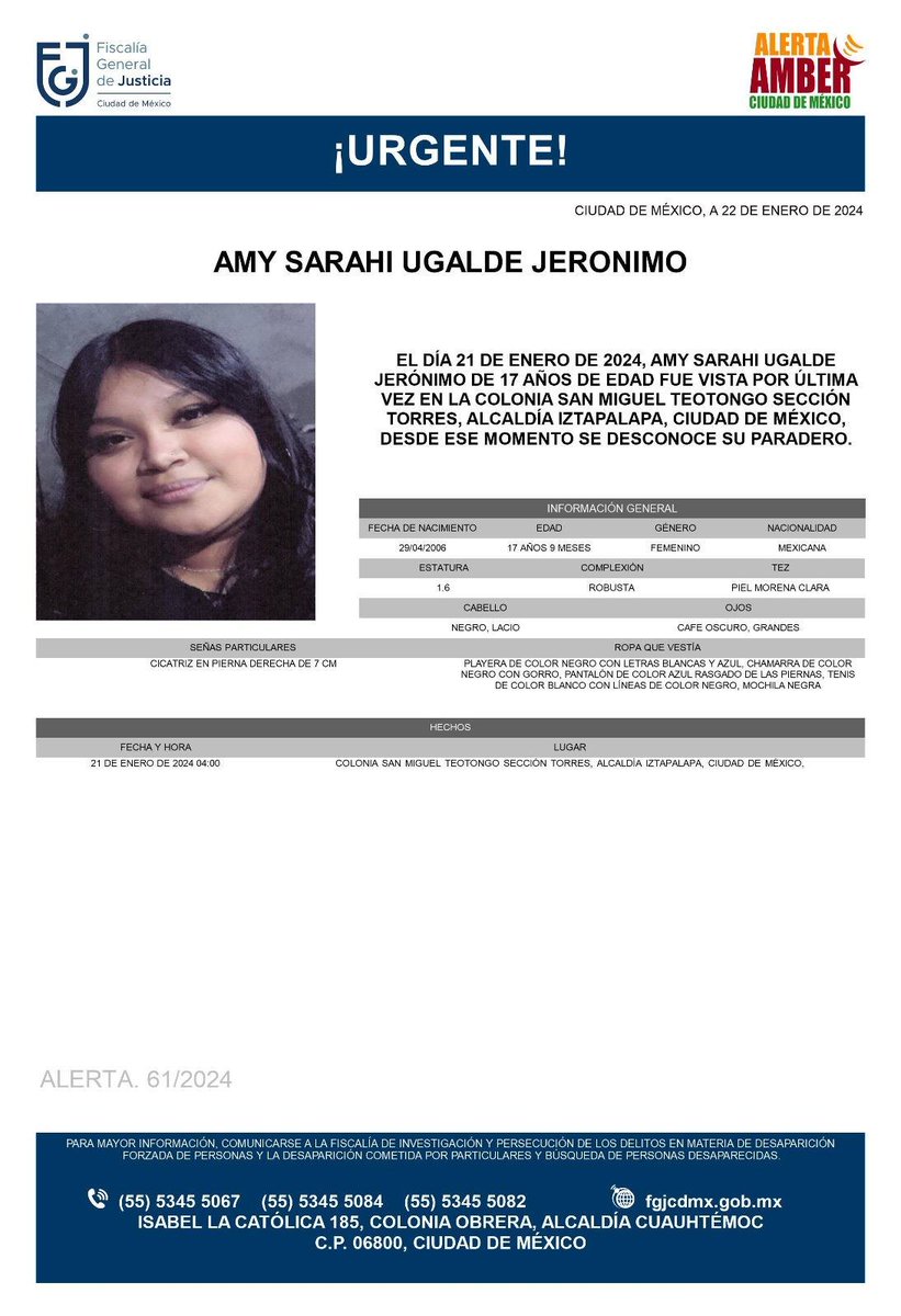 Fam_Unidas_AC's tweet photo. #AlertaAmber #CDMX 
AMY SARAHI UGALDE JERONIMO de 17 años, vista el 21/01/24 en #Alcaldía #Iztapalapa RT @Alc_Iztapalapa @vozdeiztapalapa @Iztapalapanoti @ALEIDAALAVEZ @Valeria_cruz_f  @oligarza3 @MemoMora_L @MarthaAvilaCDMX @Jacquie_LHoist @AndreaVicenteo1 @alejandraguayoa https://t.co/ooV4JqHPHr