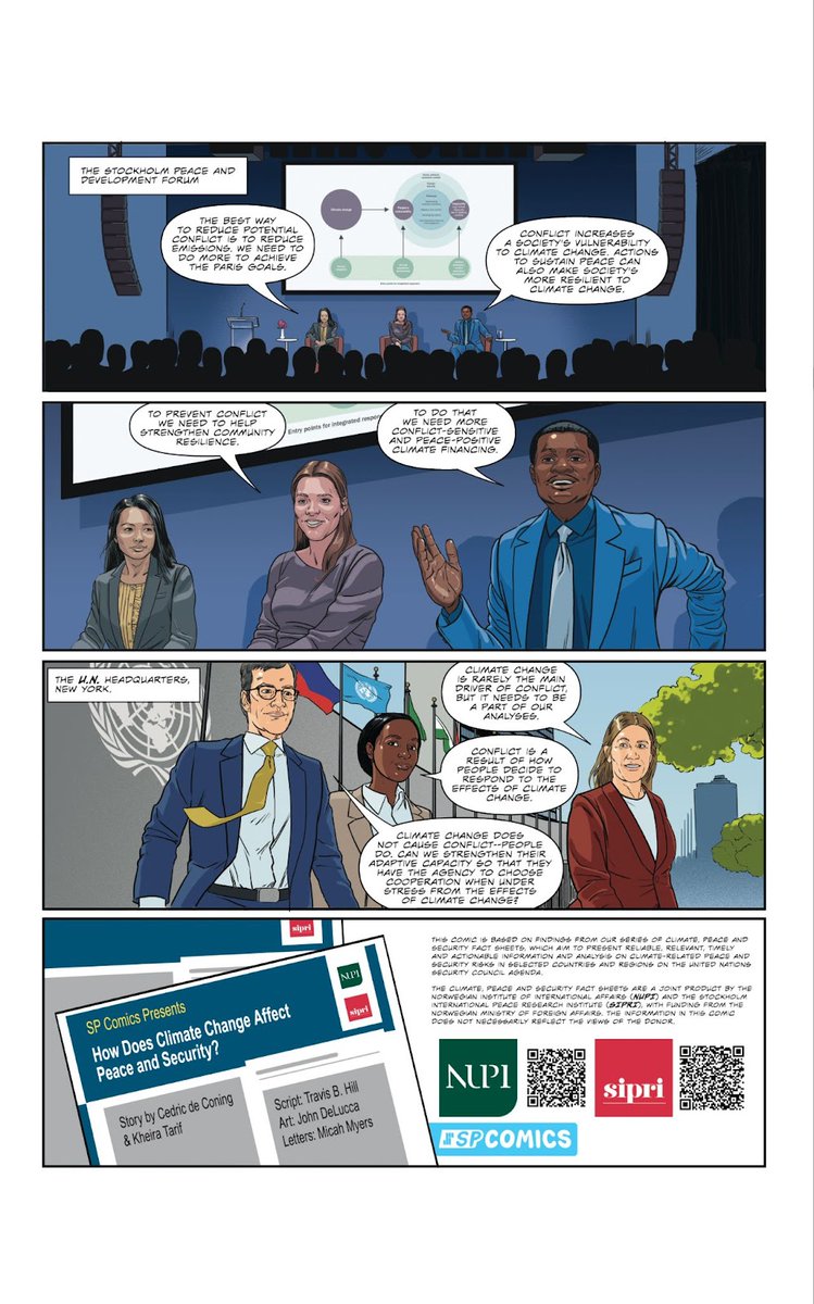 Check out our newest comic that we created in collaboration with @nupinytt & @SIPRIorg looking at how climate change affects peace and security around the globe! Story: @CedricdeConing & Kheira Tarif Script: @travisbhill5 Art: @JohnDeLucca Letters: @micahmyers #comic #research