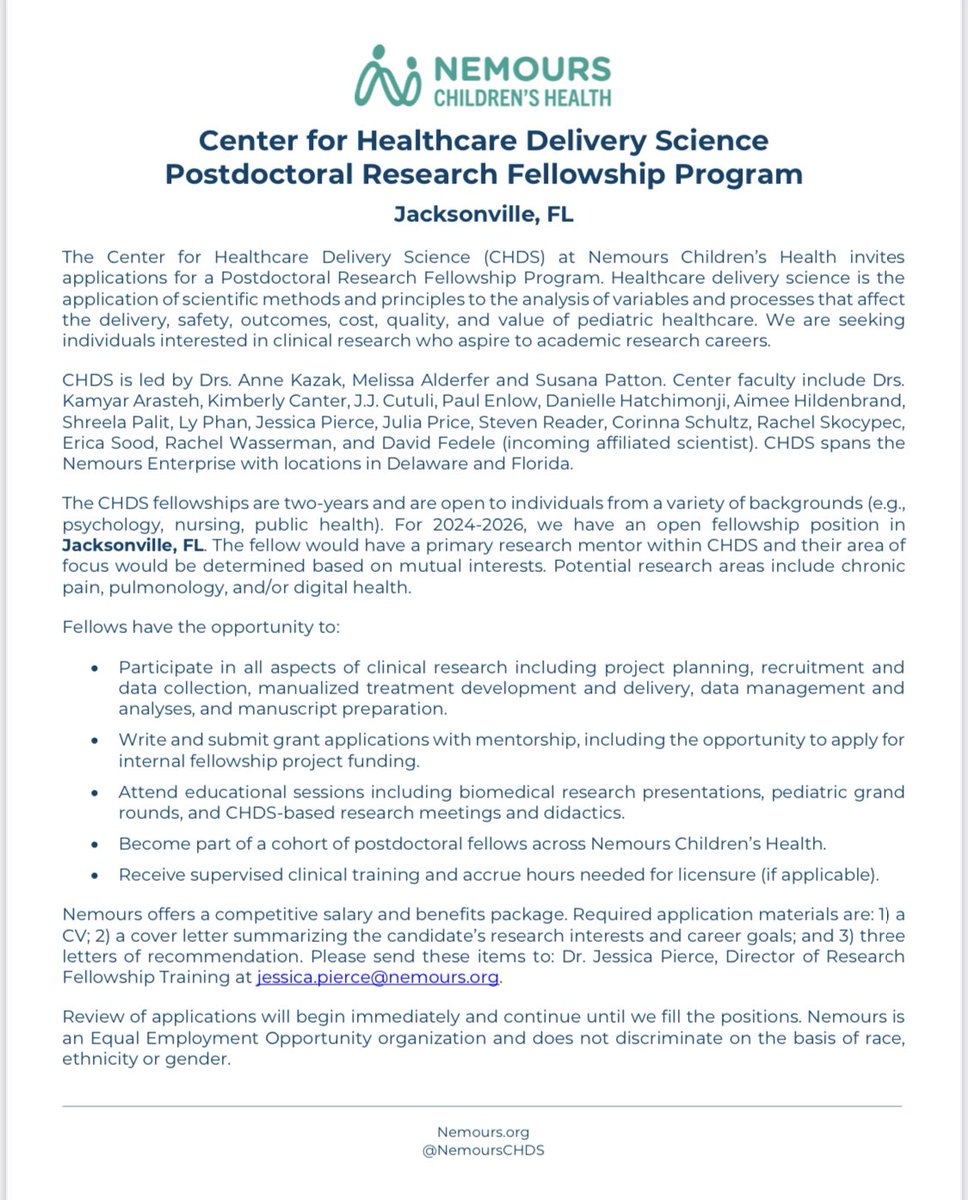 Come join us at Nemours Children’s Health in Jacksonville, FL! ☀️🌴 We currently have an open postdoc position in the Center for Healthcare Delivery Science!