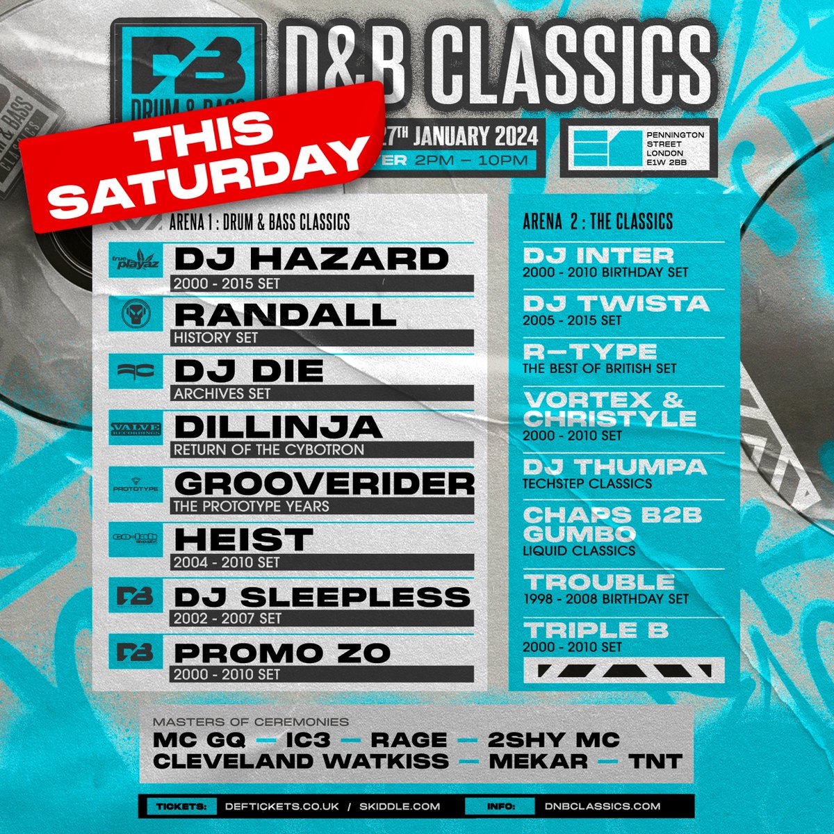 This Saturday... @DefinitionDnB presents the Drum & Bass Classics London All Dayer 🎶 2-10pm at @E1LDN 🎶 1995-2015 D&B over 2 Warehouse Arenas 🔉 dnbclassics.com feat @EMCEEGQ @Elmatador3 @2SHYMC @BestofBritishHQ @DJChaps1 @RobbieGumbo @InterDefinition @CleveWatkiss