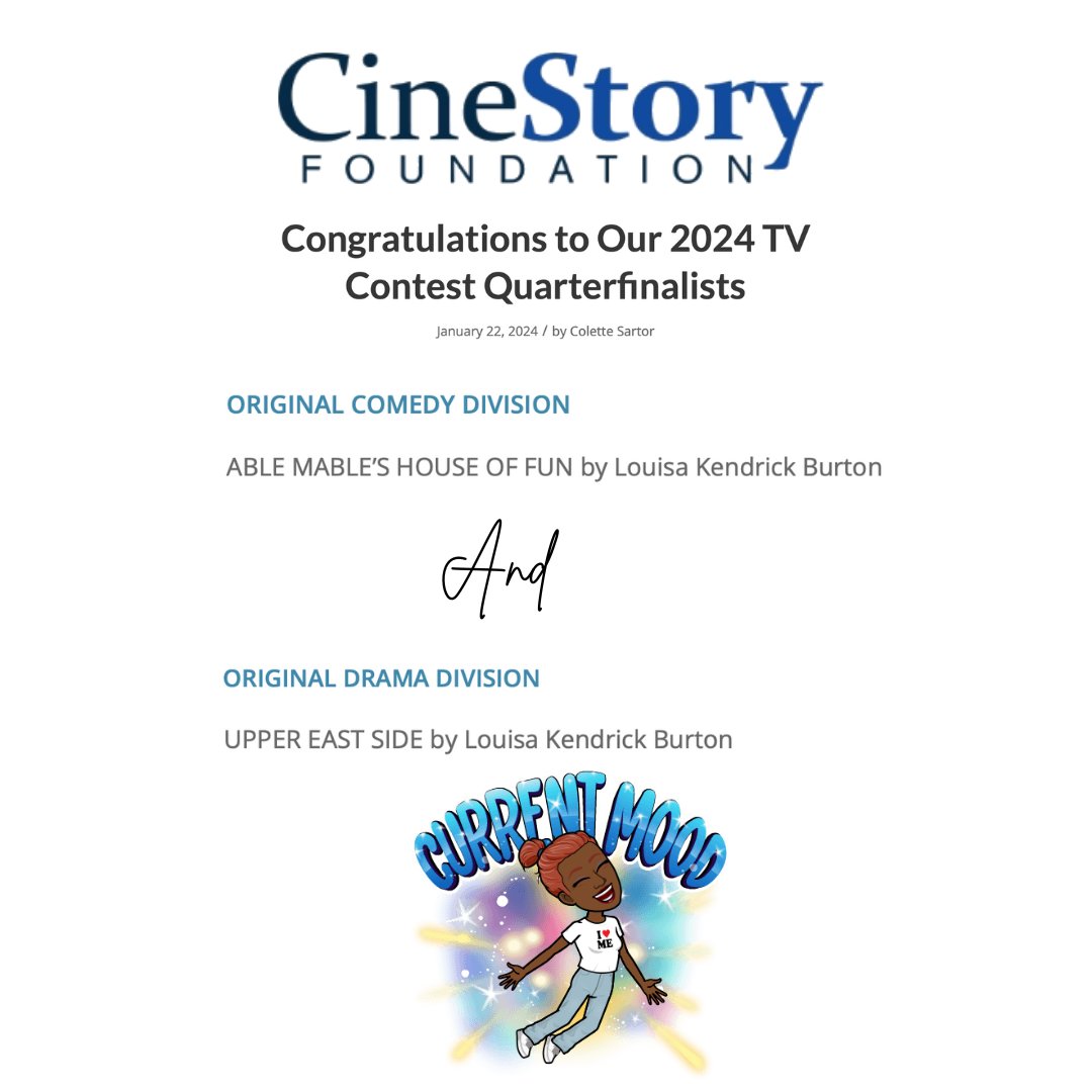 Up until now my comedies have gotten no love. But I do love writing them. Thank you @CineStory I'm also excited to see so many friends on the list  @jenny_rauch  @StephanieBast @SuzanneGriffin1 @CelinaLDobson @betsynagler  Shari B Ellis and Jimmy Miller. 2024! Let's Rise!