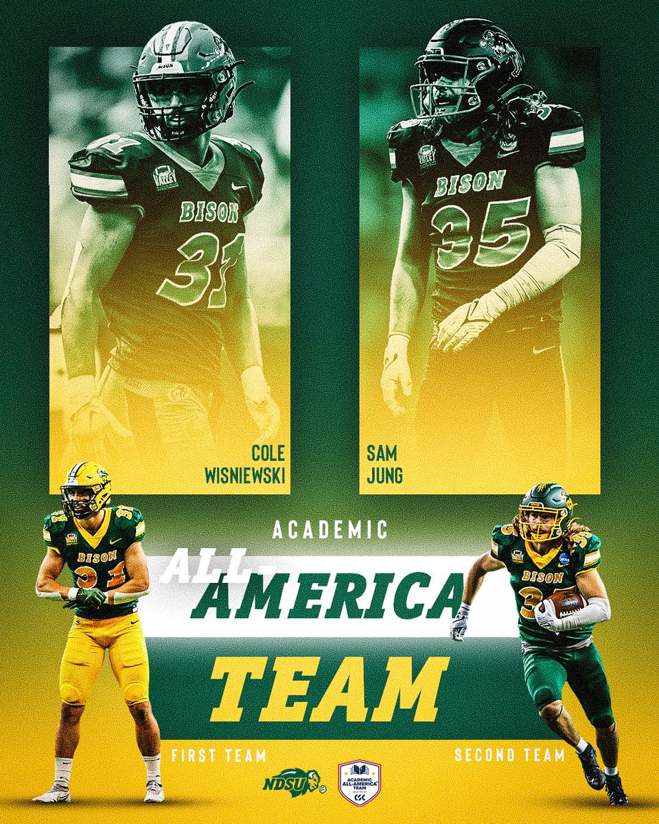 NDSU Football (@ndsufootball) on Twitter photo Bison safeties Cole Wisniewski and Sam Jung have been named to the Division I <a href="/AcadAllAmerica/">Academic All-America®, selected by CSC</a> Team, recognizing their combined academic and athletic excellence. 📚🏈🤘
🗒️ gobison.com/news/2024/1/23… Bison safeties Cole Wisniewski and Sam Jung have been named to the Division I <a href="/AcadAllAmerica/">Academic All-America®, selected by CSC</a> Team, recognizing their combined academic and athletic excellence. 📚🏈🤘
🗒️ gobison.com/news/2024/1/23…