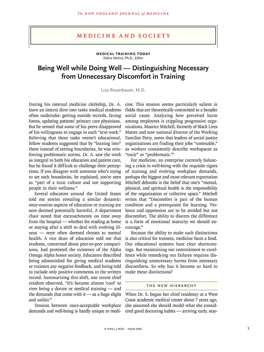 Medicine and Society article by National Correspondent @LisaRosenbaum17: Being Well while Doing Well — Distinguishing Necessary from Unnecessary Discomfort in Training nej.md/48DcN2n #MedEd