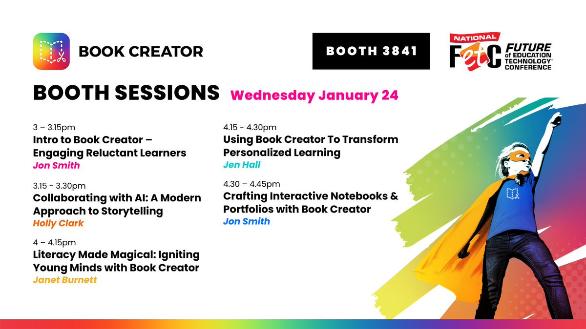 Hey #FETC, swing by booth #3841 tomorrow as we've got some cracking sessions just for you!  👀

Hear from:
<a href="/theipodteacher/">Jon Smith</a> on portfolios and getting started
<a href="/HollyClarkEdu/">Holly Clark - The AI Infused Classroom</a> on #AI and digital storytelling
<a href="/Jb4tech/">Janet Burnett</a> on #literacy
<a href="/apsitjen/">Jen Hall, NBCT</a> on personalized learning

See you soon! 🎊
