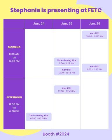 Excited to be part of @kamiapp team at #FETC! 💜 Join me for insightful sessions where we'll explore innovative ways to enhance learning with Kami features. 📚 Don't miss out on the opportunity to connect and learn together! See you there! 👋 #edtech #ditchbook #tlap #ETCoaches