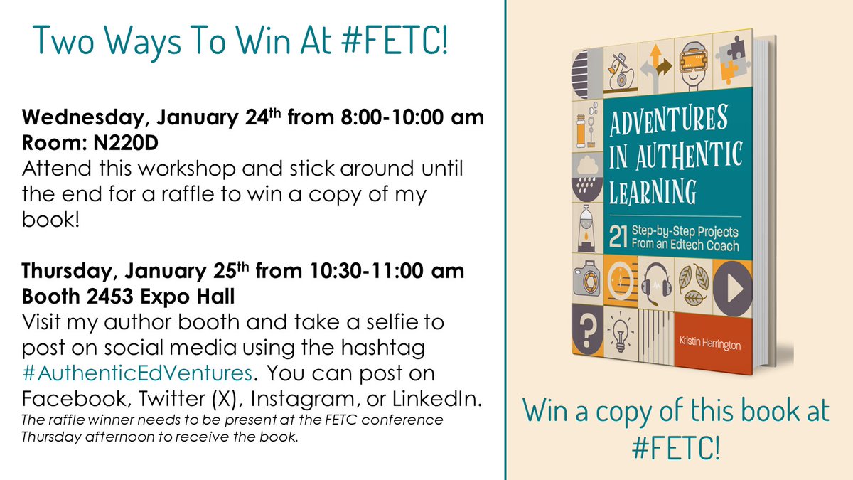 If you are headed to #FETC this week, here are a couple ways you can win a copy of my book.  s6.goeshow.com/fetc/annual/20… #ISTE #AuthenticEdVentures