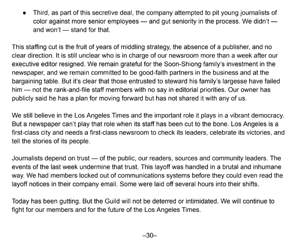 L.A. Times Guild 🦅 (@latguild) on Twitter photo Statement from the <a href="/latguild/">L.A. Times Guild 🦅</a> on today's mass layoffs at the <a href="/latimes/">Los Angeles Times</a>: Statement from the <a href="/latguild/">L.A. Times Guild 🦅</a> on today's mass layoffs at the <a href="/latimes/">Los Angeles Times</a>: