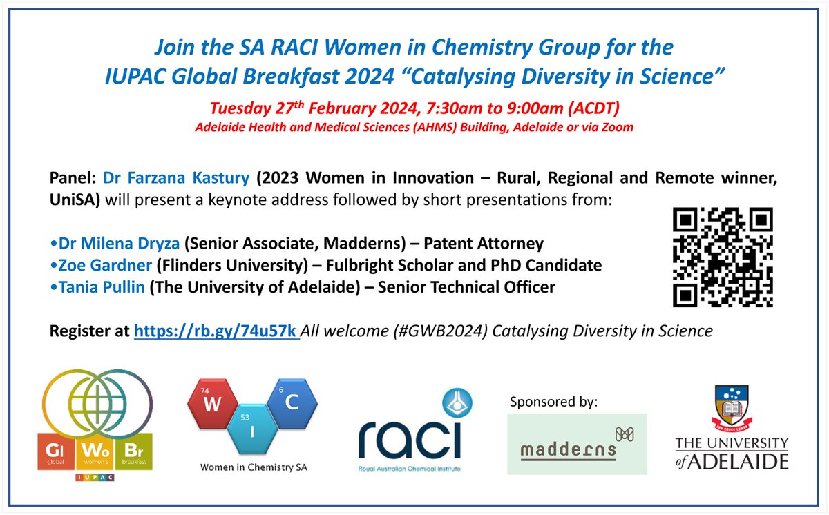 Join us for the annual RACI SA branch IUPAC Global Women’s Breakfast 🍳
Tuesday 27th February 2024
Register today @ rb.gy/74u57k
#GWB2024 <a href="/IUPAC/">IUPAC</a> <a href="/RACI_SAbranch/">RACI SA</a>