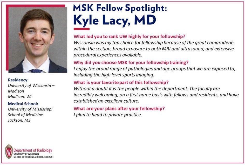 🔦✨#MSKFellowSpotlight✨🔦 Check out our MSK fellow spotlight on one of our current fellows, Kyle Lacy❗❕❗ @UW_MSKrad @UWiscRadiology @UWRadRes