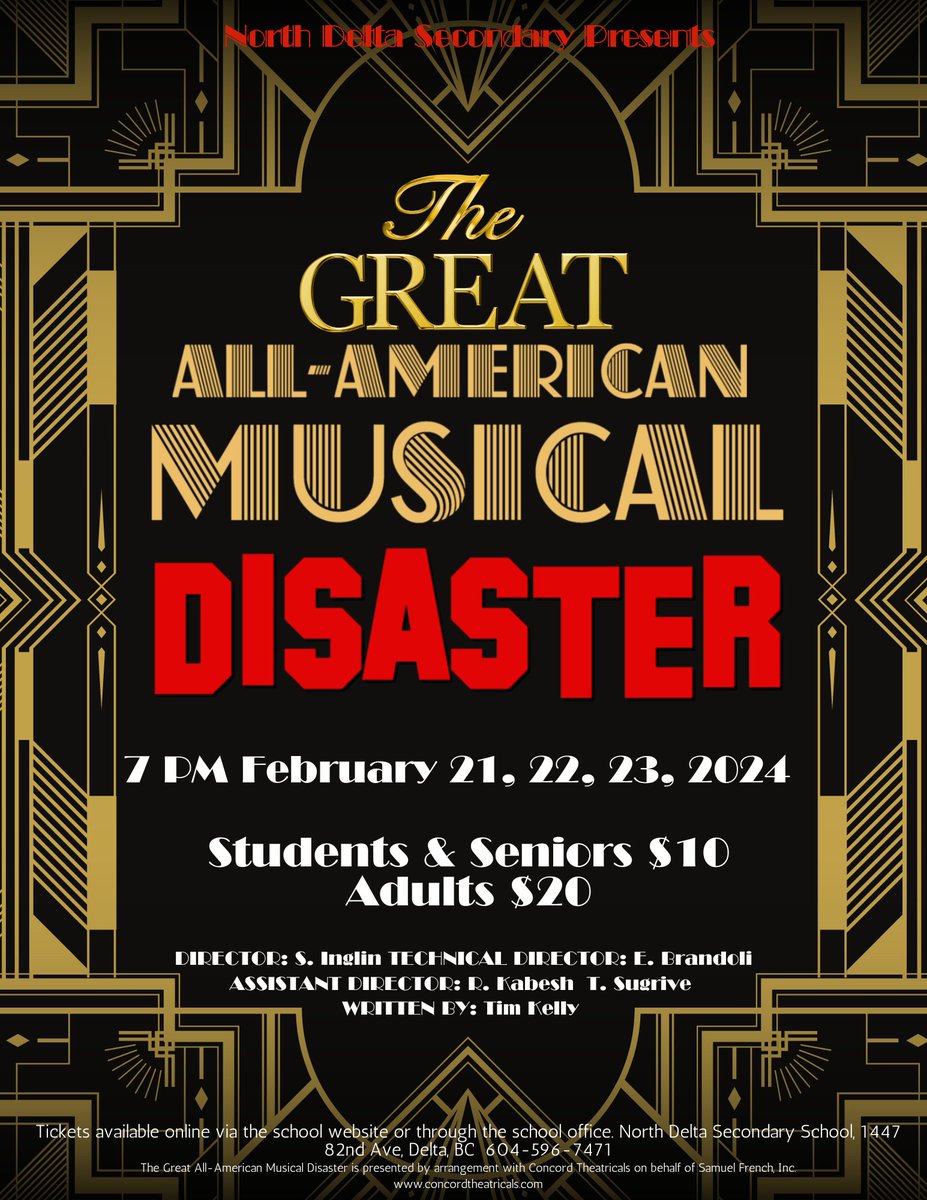 We are excited to announce the upcoming North Delta Secondary Theatre Department's play, "The Great All-American Musical Disaster."