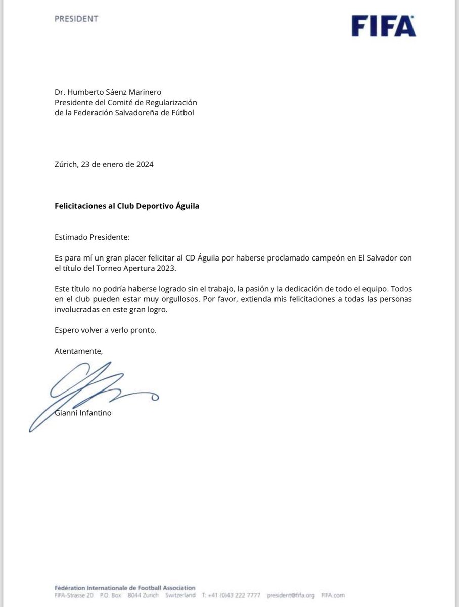𝙇𝘼𝙎 𝙁𝙀𝙇𝙄𝘾𝙄𝙏𝘼𝘾𝙄𝙊𝙉𝙀𝙎 𝘼𝙇 𝘾𝘼𝙈𝙋𝙀𝙊́𝙉 🦅🤩

📝 Por medio de una carta, el presidente de @FIFAcom, Gianni Infantino, envía sus felicitaciones por haber obtenido nuestro título 17 en el Torneo #Apertura2023. 😎😌

#VamosÁguila 🦅