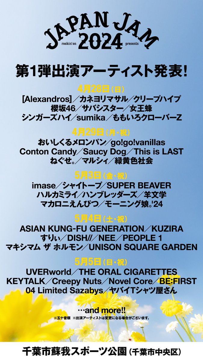 saucydog_offi's tweet photo. ✔️「rockin'on presents JAPAN JAM 2024(@rockinon_fes)」出演決定🎉

🗓4/28(日)・29(月・祝)：5/3(金・祝)・4(土・祝)・5(日・祝)
＊Saucy Dogは4/29(月・祝)に出演🎤

📍千葉市蘇我スポーツ公園
🕛開場 9:00 / 開演 11:30(予定)

詳細▶︎
🔗https://t.co/C8ceVEJRwt

#JAPANJAM https://t.co/cUgp4XSJKI