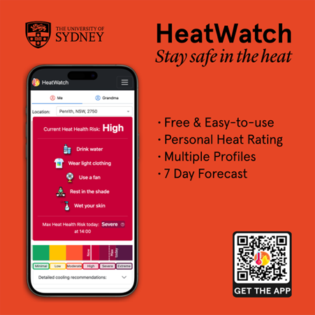 Another heatwave is on the way – Heatwave Warning! ow.ly/ErEP50QtQFg Use the HeatWatch App ow.ly/fPyk50QtQF4 to estimate your personalised health risk and get simple cooling strategies. Stay heat safe NCOSS Heat Resources. ow.ly/sNrB50QtQF3 #heatwaves #prepare