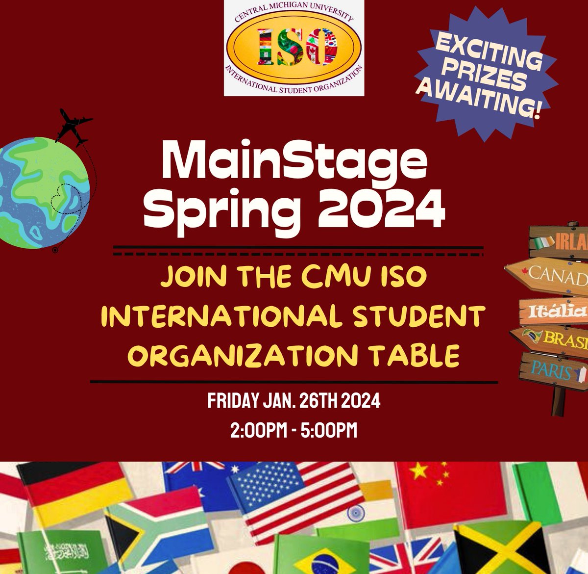 CMUISO's tweet photo. We are thrilled to invite you join our table at the MainStage on Friday 1/26/24 from 2:00 to 5:00 PM. Discover our organization’s values and actions and join us in our mission at ISO. Don't miss out—take your chance to win exciting prizes! See you there! 🎉 #mainstage2024 #cmuiso https://t.co/1SbLjscCJ4