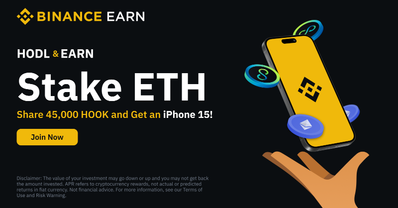 binance's tweet photo. #Binance ETH Staking is launching two new promotions!

Join now to share 45,000 $HOOK in Locked Products and get an iPhone 15 (128GB) while earning ETH Staking rewards daily.

Find out more 👇
