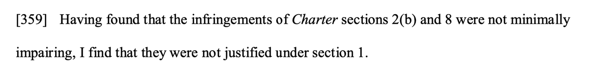 FYI, the #EmergencyAct decision found that Charter sections 2(b) (expression) and 8 (unreasonable seizure) were breached, but found these sections were not breached: s.2(c) - peaceful assembly; s.2(d) - freedom of association; s.7 - life, liberty and security of the person.