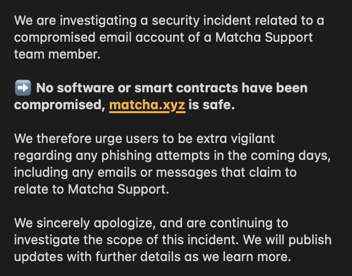 MatchaSupport's tweet photo. 🚨 A security notice from @MatchaSupport and @matchaxyz.

👇 https://t.co/e6Fv9Qt1IO