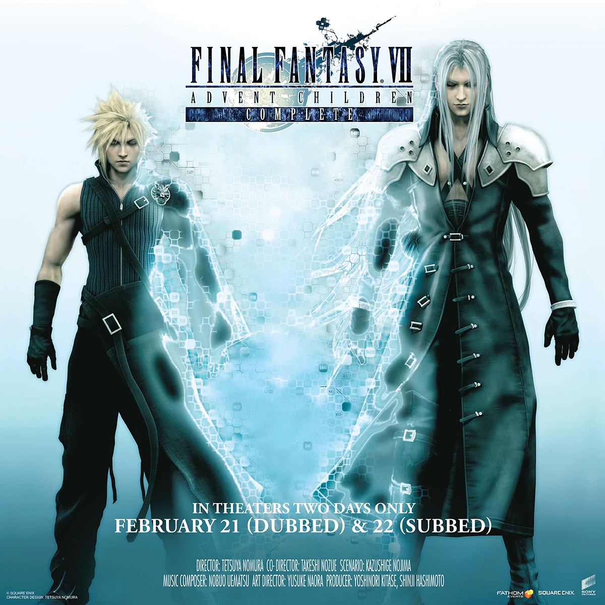 finalfantasyvii's tweet image. US residents: For the first time ever, Final Fantasy VII Advent Children Complete is coming to theatres nationwide!

Join us to watch an exclusive interview with Yoshinori Kitase, Tetsuya Nomura, and Naoki Hamaguchi. #FF7R

Tickets: hubs.la/Q02hgnG_0