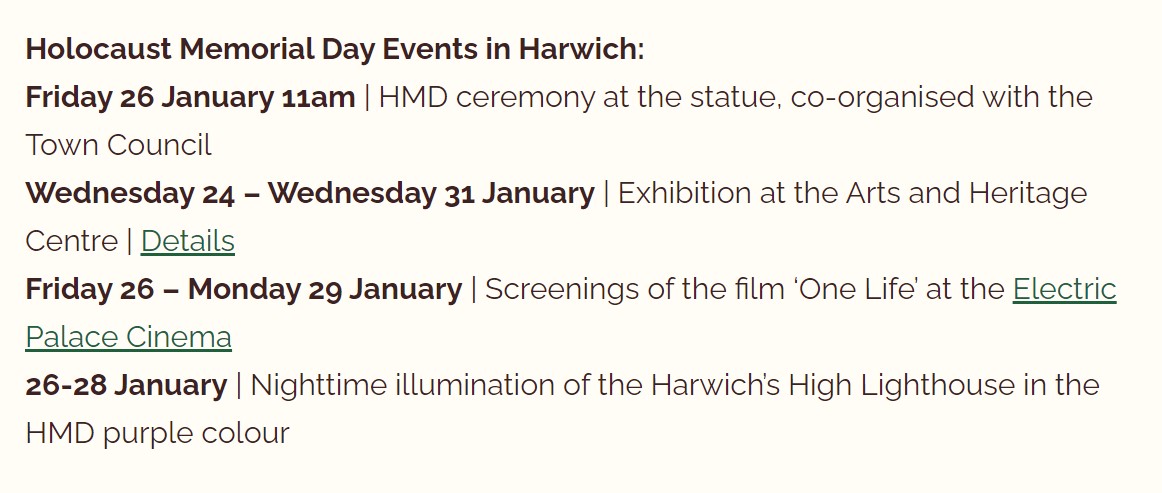 Time for some actual significant history - Saturday is #HolocaustMemorialDay and there are several related events in Harwich, including a free exhibition which starts today at @TheHAHC. Details: ow.ly/aTVS50Qt61H @KT_memorial @HarwichTown @HarwichEP @HarwichSociety