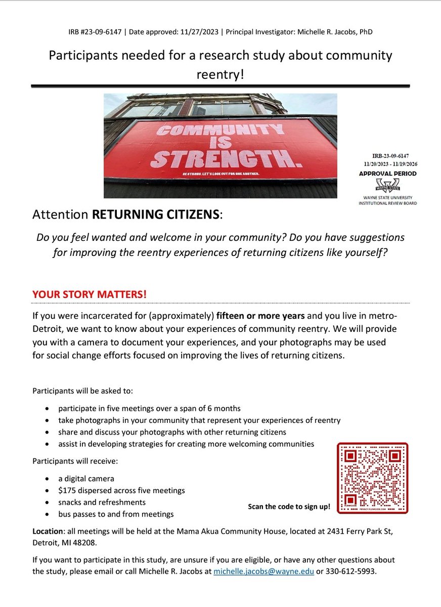 Please share this paid ($175) research opportunity for returning citizens from a colleague at Wayne State University.

They also mentioned that if you did close to just 10 years you may be eligible too.