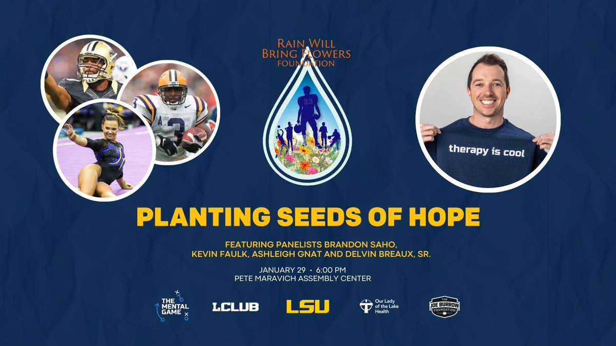 LSU Tigers (@lsusports) on Twitter photo Conversations around mental health have never been more important.
We're excited to join Championship Health Partners <a href="/ololhealth/">Our Lady of the Lake</a> to welcome the community to the PMAC on Monday, Jan. 29 for "Planting Seeds of Hope."
lsul.su/3SrScIS Conversations around mental health have never been more important.
We're excited to join Championship Health Partners <a href="/ololhealth/">Our Lady of the Lake</a> to welcome the community to the PMAC on Monday, Jan. 29 for "Planting Seeds of Hope."
lsul.su/3SrScIS