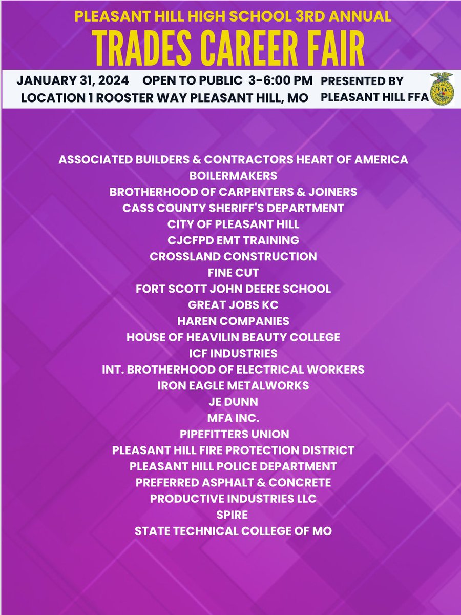 The list of attendees is growing daily. Plan to check out some great careers. #FFA #careers #tradescareers @PHR3SD  @PHHSActivities  @MissouriFFA