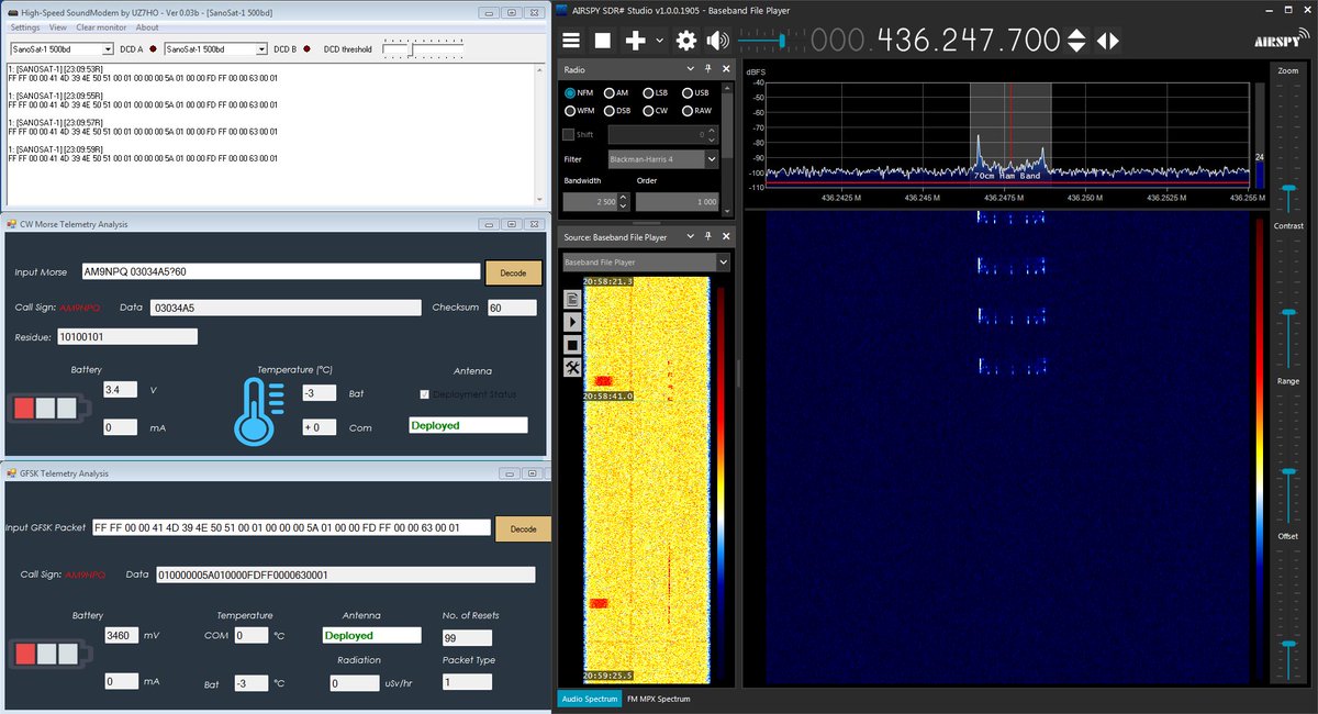 2024-01-23 20:58 UTC – Reception of telemetry from the decaying 🇳🇵PocketCube 🛰️ SANOSAT-1 on 436.238 MHz in CW and FSK 500 bd. Altitude ~315 km. Replay of recorded IQ wav w/ <a href="/airspy_com/">Airspy R2/Mini</a> R2 and UHF turnstile antenna in Thessaloniki, 🇬🇷.
<a href="/orionspacenepal/">ORION Space</a> <a href="/AmsatNepal/">AMSAT Nepal</a> <a href="/paudelsaurav50/">Saurav Paudel (9N1PO)</a>