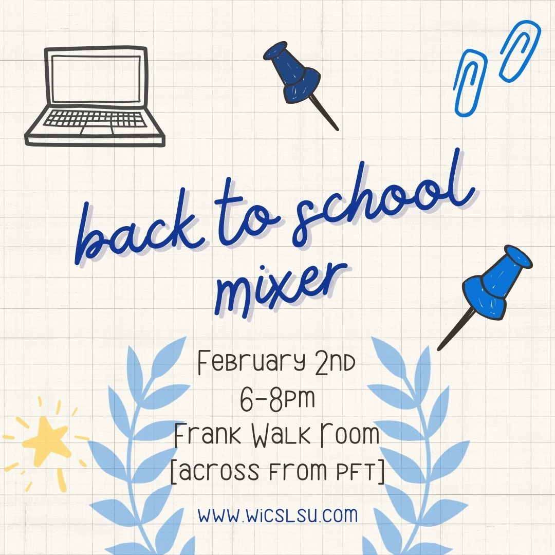 wicslsu's tweet photo. BACK TO SCHOOL MIXER!
Join WiCS on February 2nd for a Back to School Mixer! Meet some new faces and enjoy some free food!
👾When: February 2nd
🏢Where: Frank Walk Room
⏰Time: 6-8PM
🍕Free Food
#lsu #womenempowerment #womenincybersec #womenincomputerscience #wics https://t.co/Gi8JqnrzYe