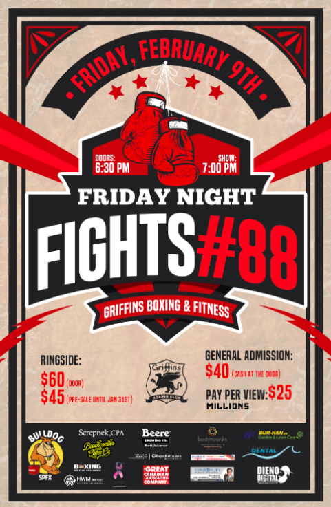 You have just over *1 week* to grab Early Bird Ringside seat tix, for the 1st #FridayNightFights of the year! Grab 'em here before they sell out:

griffinsboxing.com/news-and-event…

<a href="/beachcombercc/">Beachcomber Coffee</a> <a href="/BeereBrewingCo/">Beere</a> @LelandDieno <a href="/ExpediaCruises/">Expedia Cruises</a> <a href="/gr8canadianland/">Great Cdn Landscape</a> <a href="/BHGardenLawn/">BUR-HAN Garden & Lawn Care</a> <a href="/burgerholic_ca/">BurgerHolic.ca</a>