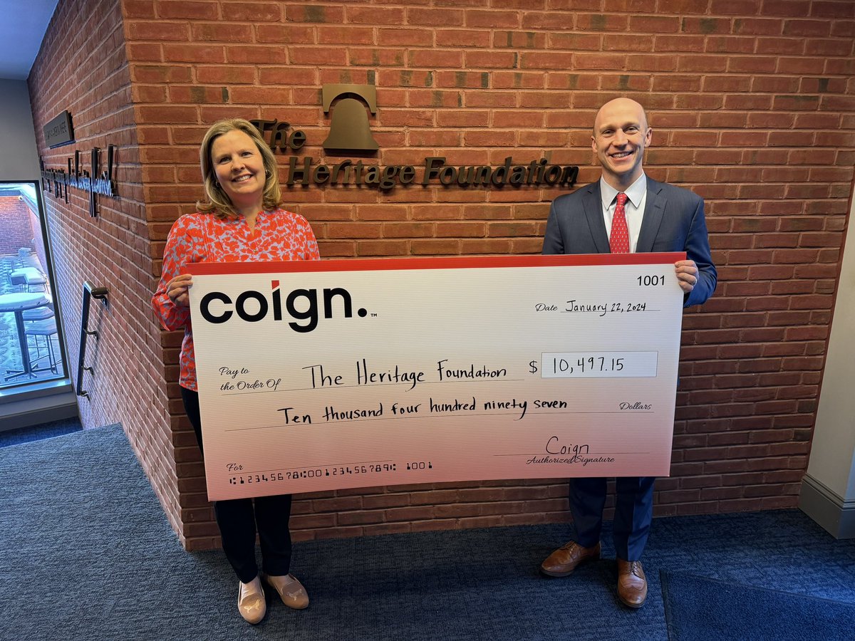 coigncard's tweet photo. We were thrilled to present The Heritage Foundation with a $10,000+ check on behalf of our cardholders! This was made possible by YOU #SpendingRight. Thank you!
Learn more about @Heritage and how they are fighting to put our country back on track: https://t.co/jxXWjqB91h https://t.co/Db9mr5vaVS