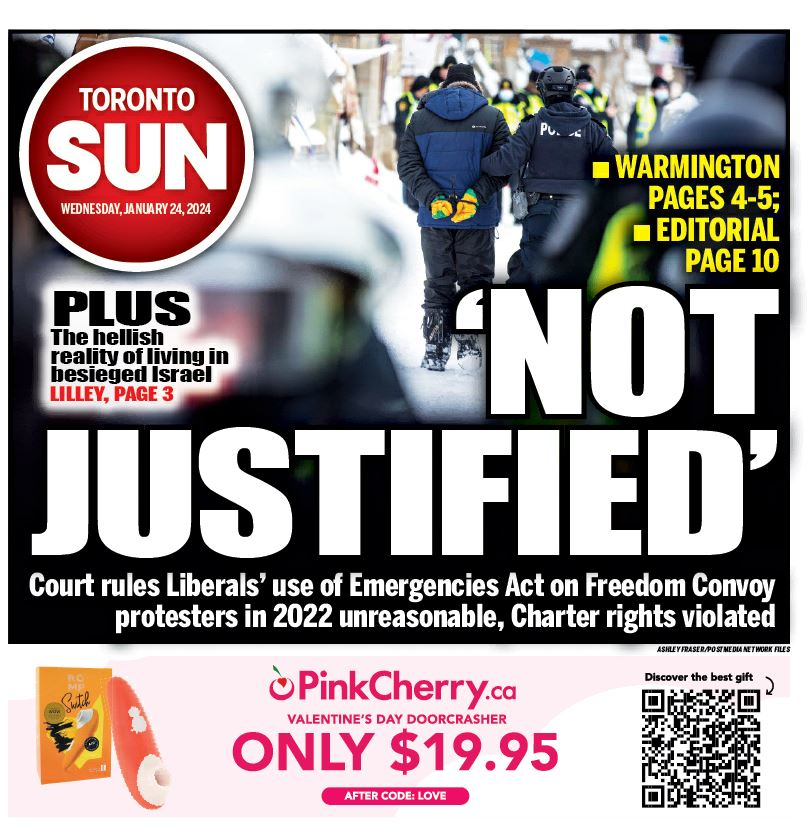 'NOT JUSTIFIED': Court rules Liberals' use of Emergencies Act on Freedom Convoy protesters in 2022 unreasonable, charter rights violated.

Check out our front page for Wednesday, Jan. 24, 2024.

More on the federal court ruling here: torontosun.com/news/national/…