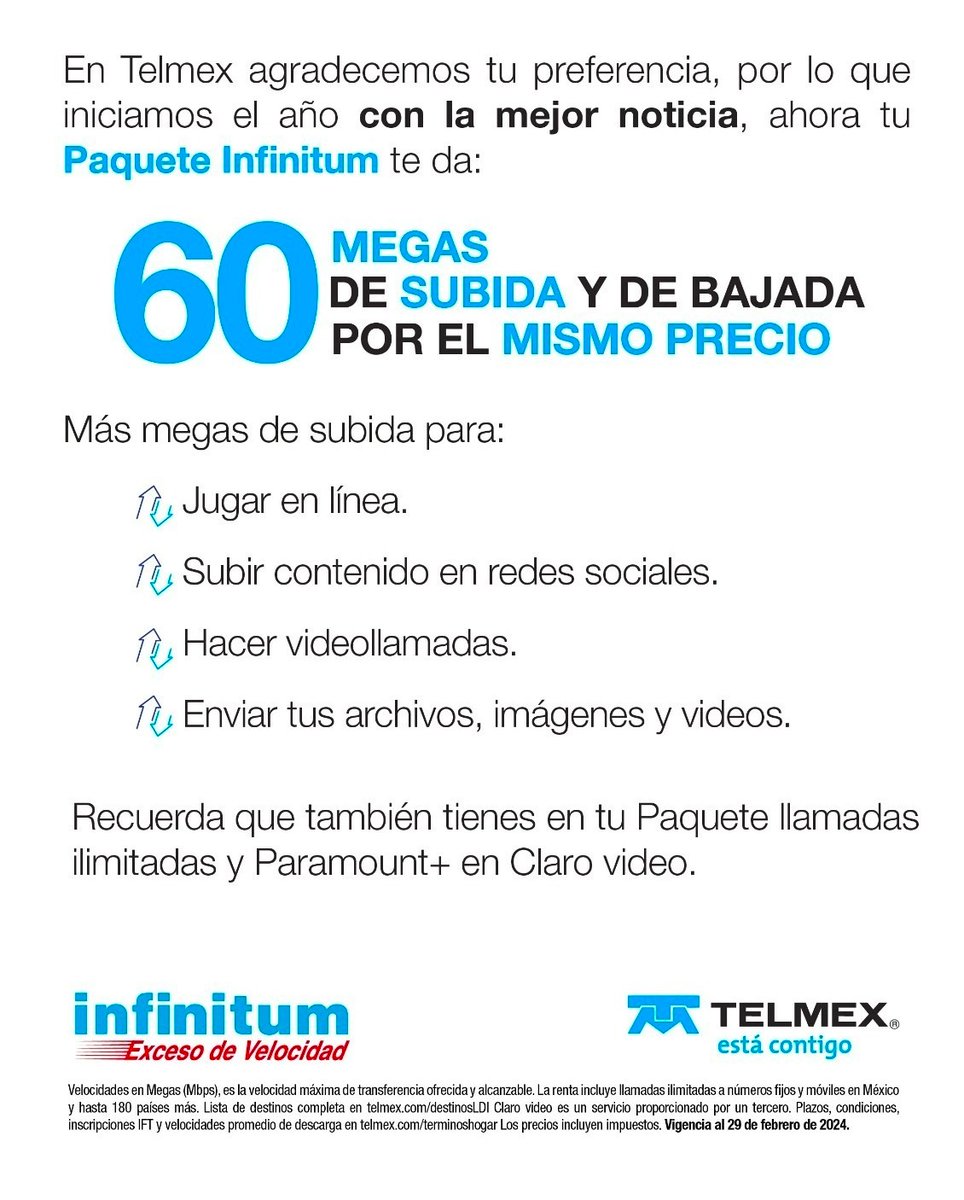 jmatuk's tweet photo. ¿Son suficientes 60Mbps para tus necesidades? Ojo, son simétricos, igual de subida que de bajada. Esto lo acaba de anunciar @Telmex y tiene un costo de $389 pesos al mes. ¿Qué velocidad de bajada/subida y que  proveedor tienes actualmente? https://t.co/cVW22Nq5Ap