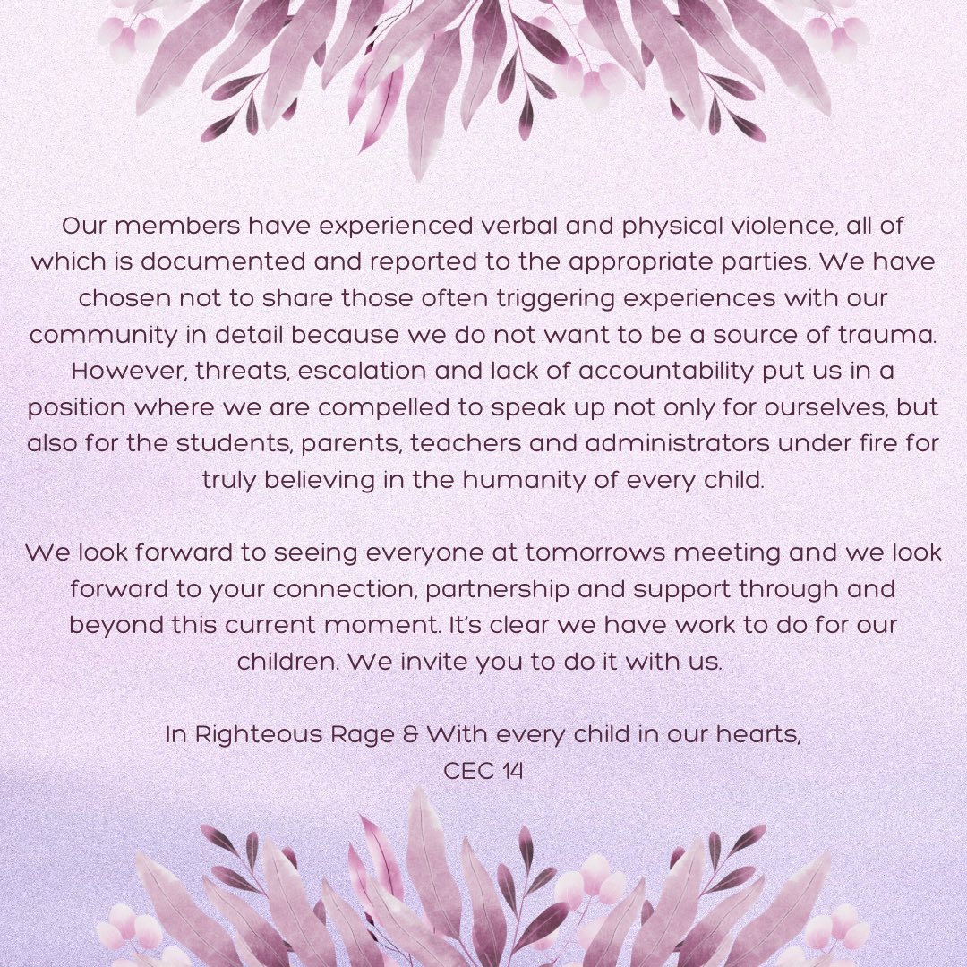 council_14's tweet photo. Sharing some important updates and context, and reaffirming our commitment to the children of district 14. Please stand with us in community & against misinformation & violence. Our students, families & staff deserve better. See you tomorrow 🤍 #CEC14
https://t.co/6DUrYaKFlm https://t.co/IYCEEuUyHF