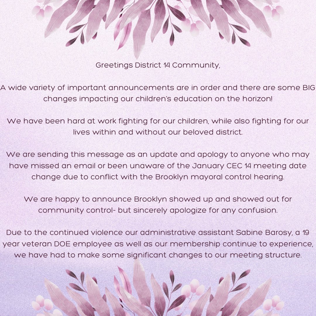 council_14's tweet photo. Sharing some important updates and context, and reaffirming our commitment to the children of district 14. Please stand with us in community & against misinformation & violence. Our students, families & staff deserve better. See you tomorrow 🤍 #CEC14
https://t.co/6DUrYaKFlm https://t.co/IYCEEuUyHF