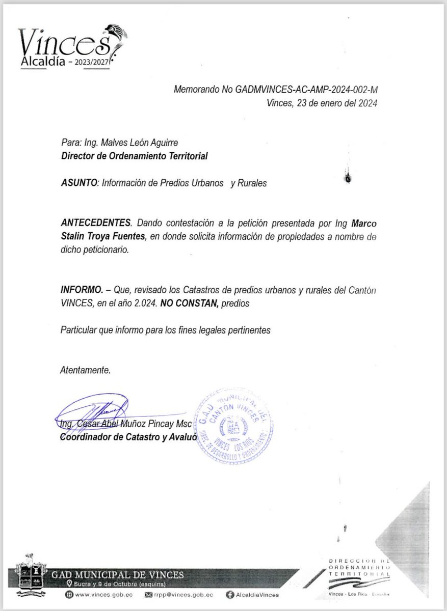 TROYA_Marco's tweet photo. ‼️Comparto la respuesta del Registro de la Propiedad de Vinces y del GAD Municipal de Vinces ante la vil campaña de difamación en redes sociales.

@EdwinOrtegaS @omarmaluk @CorruptaJustici @jovenesprod @aldiacomec @lahistoriaec @lahoraecuador https://t.co/E8Jm8tne6l
