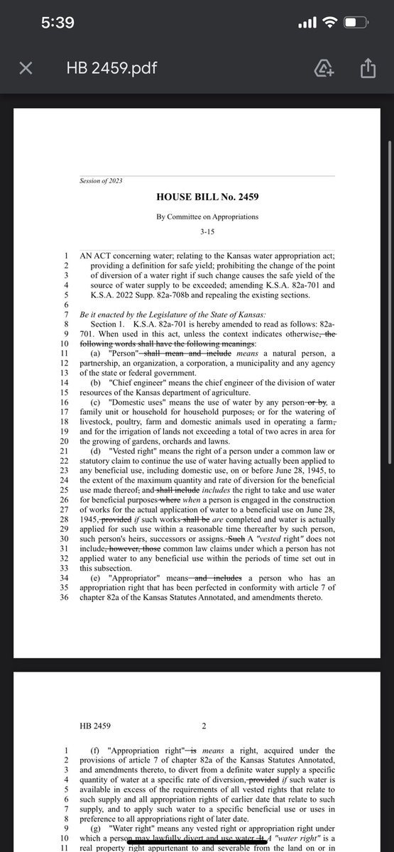 Amo54ksu's tweet photo. Kansas irrigators, be aware of HB 2459.

I hope I’m wrong, but as I’m understanding, “Safe Yield” terminology added would strip landowners of their ability to redrill if state feels further decline of aquifer could occur. 

Open to hearing comments or corrections. https://t.co/3nwgvYxCAg